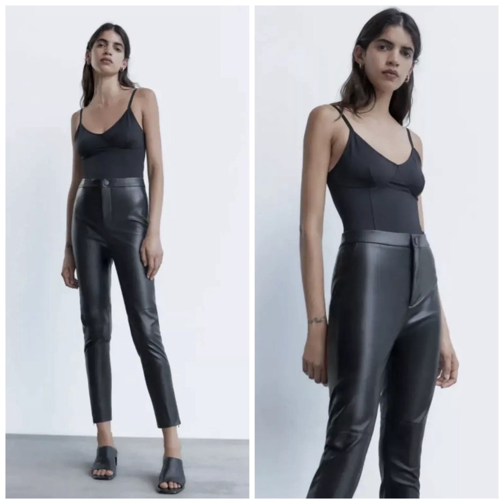 Zara Women’s Size Medium Black Faux Leather Side Zip Ankle Pants Matrix Festival